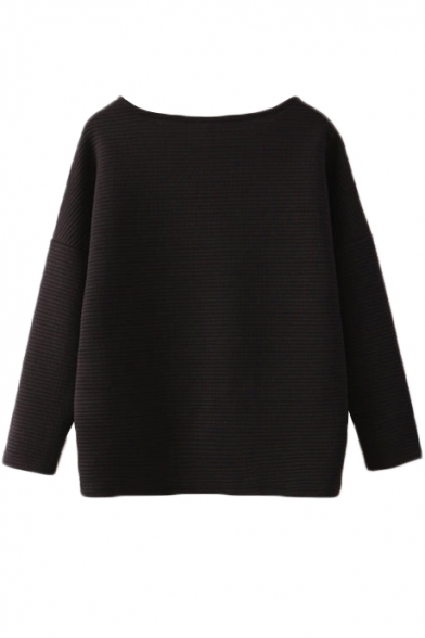 Black Plain Round Neck Long Sleeve Zipper Sweatshirt - Beautifulhalo.com