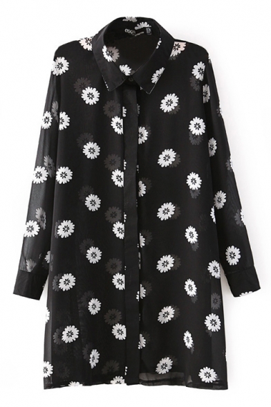 Black Sunflower Print Single Breast Sheer Chiffon Longline Shirt