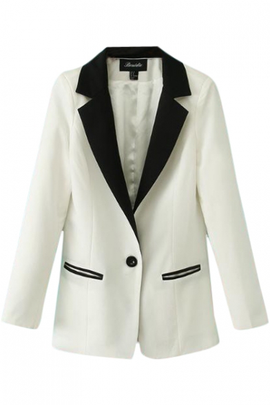 Color Block Notched Lapel Collar Single Button Fitted Blazer with Pockets