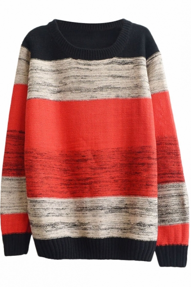 Color Block Stripe Print Round Neck Long Sleeve Sweater - Beautifulhalo.com