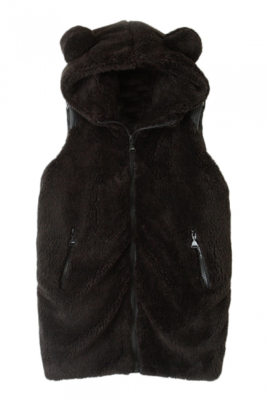 Cute Bear Ear Hooded Fluffy Sleeveless Vest with Zip Fly ...