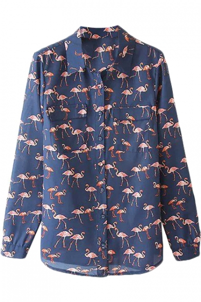 Dark Blue Background Flamingo Print Lapel Shirt