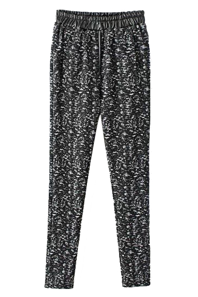 Elastic PU Panel Waist and Graphic Full Length Pants with Added Hair