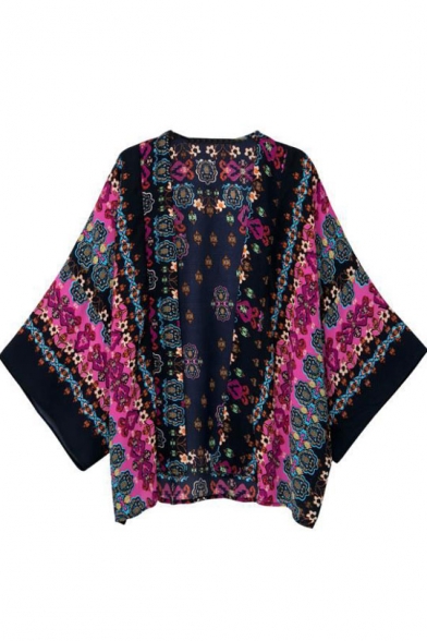 Ethnic Style Print Collarless Open Front Loose Batwing Coat