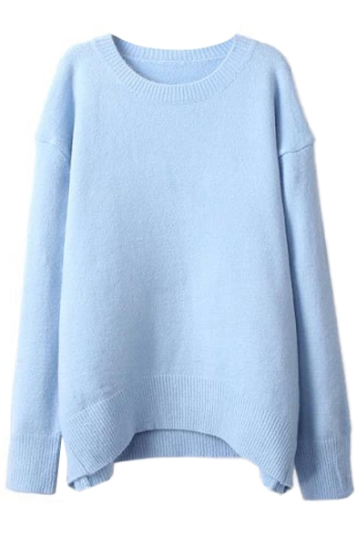 Laid Back Loose Round Neck Plain High Low Hem Sweater with Long Sleeve
