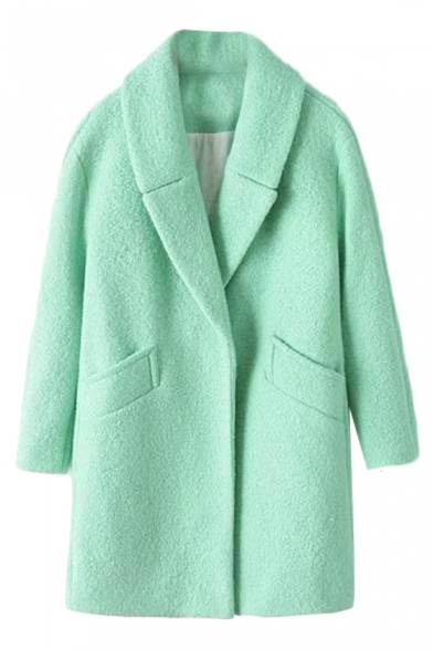 Light Green Hidden Button Wool Coat with Oversized Lapel and Double Pockets