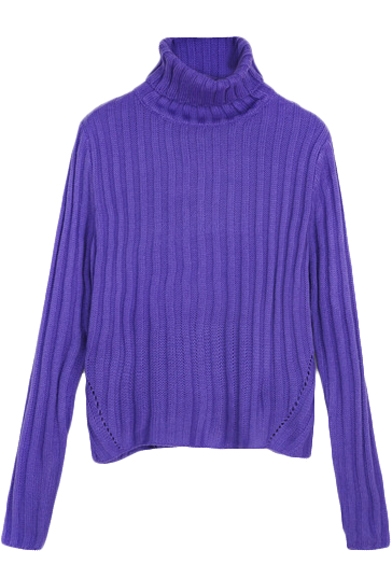 Plain High Neck Long Sleeve Knitted Sweater with Cutout Details
