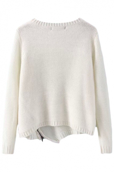 Plain Round Neck Sweater with Asymmetrical Hem and Oblique Zip ...