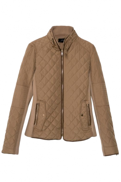 Plain Stand Collar Quilted Zip Pocket Coat with Drawstring Details