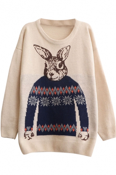 Preppy Look Rabbit Jacquard Round Neck Long Sleeve Loose Sweater