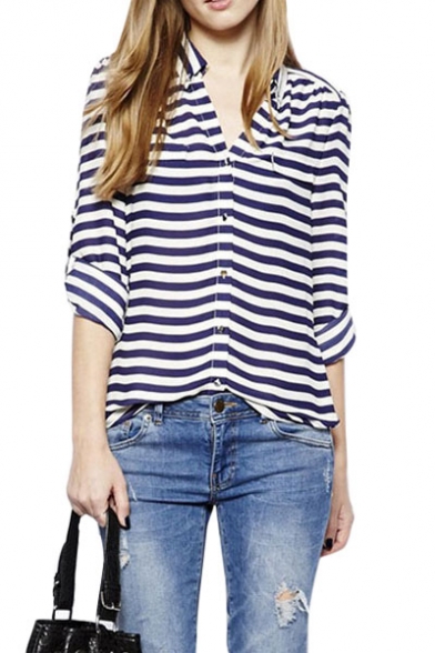 Striped Point Collar Long Sleeve Shirt with Fake Pocket