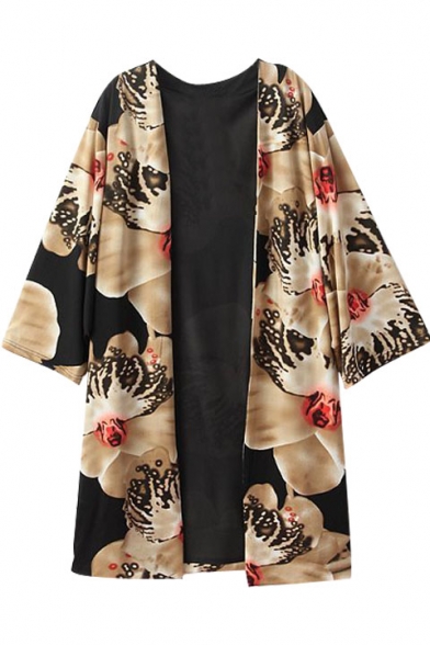 Abstract Floral Print Open Front Coat with 3/4 Length Sleeve