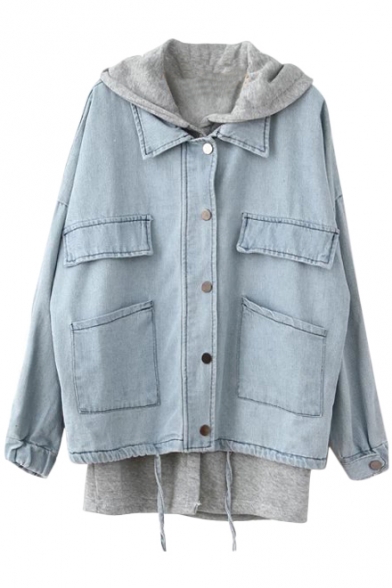 Blue Two Piece In One Hooded Drawstring Single-Breast Denim Coat with Vest
