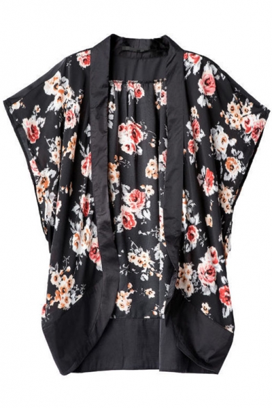 Bright Floral Print Collarless Open Front Coat in Loose Fit