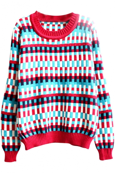 Colorful Plaid Jacquard Round Neck Long Sleeve Sweater