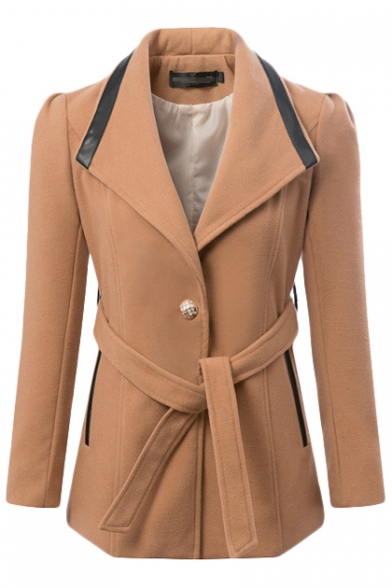 Fitted Relaxed PU Insert Lapel Collar Belted Single-Breast Woolen Coat