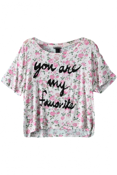 Floral and Letter Print Round Neck Crop Tee with Dip Hem