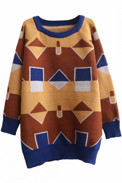 Geometric Jacquard Raglan Sleeve Round Neck Tunic Sweater