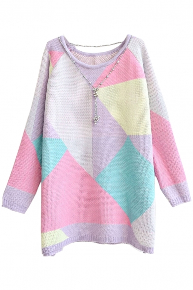 Geometric Style Color Block Candy Color Round Neck Long Sleeve Sweater