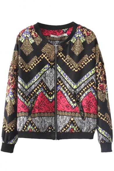 Geometric Weave Print Stand-Up Collar Zippered Jacket