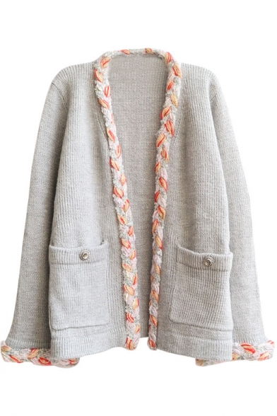 Gray Colorful Cable Knit Open Front Long Sleeve Pockets Cardigan