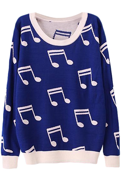 Music Symbol Pattern Contrast Trim Round Neck Sweater