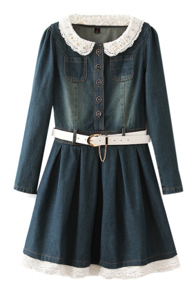Peter Pan Collar Long Sleeve Denim Belted Dress with Lace Crochet Trim