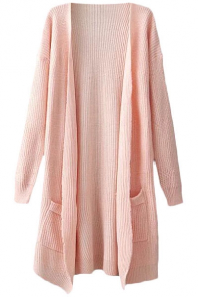 Plain Open Front Long Sleeve Tunic Cardigan with Double Pocket