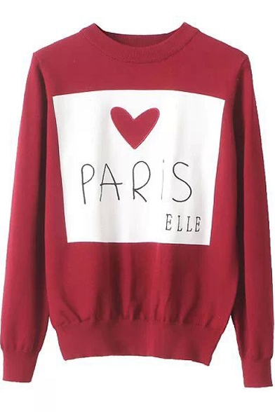 Red Heart Letter Embroidered Classic Round Neck Long Sleeve Sweater
