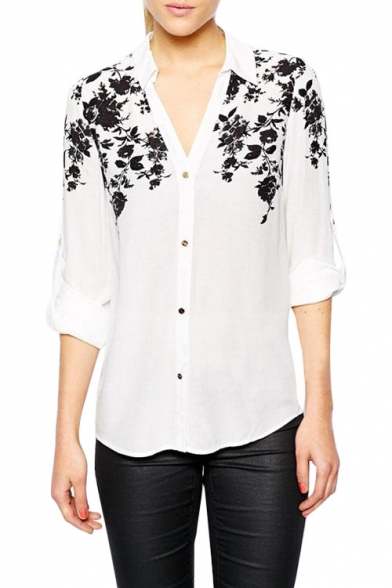 Rose Print Shoulder V-Neck  Long Sleeve Shirt