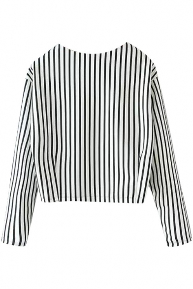 Stripe Letter Print Round Neck Long Sleeve Cropped T-Shirt