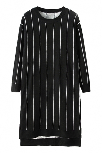 Vertical Stripe Pattern Long Sleeve Longline Sweater with Round Neck and High-low Hem