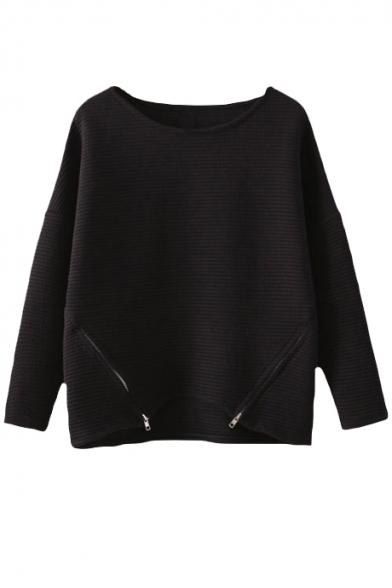 Black Plain Round Neck Long Sleeve Zipper Sweatshirt