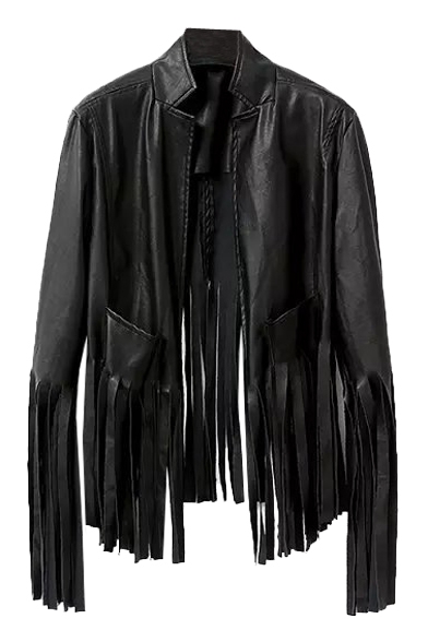 Black Plain Stand Up Collar Open Front PU Tassel Motorcycle Jacket