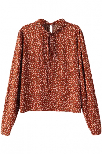 Dark Orange Background Floral Print Scallop Neck with Drawstring Long Sleeve Blouse
