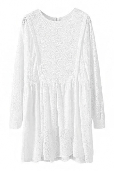Lace Round Neck Long Sleeve Loose Dress with Ruched Hem