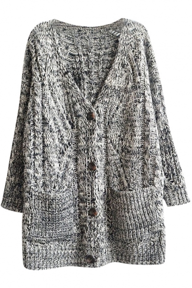 Laid Back Style Gray Background Color Mix V-Neck Button Fly Cardigan