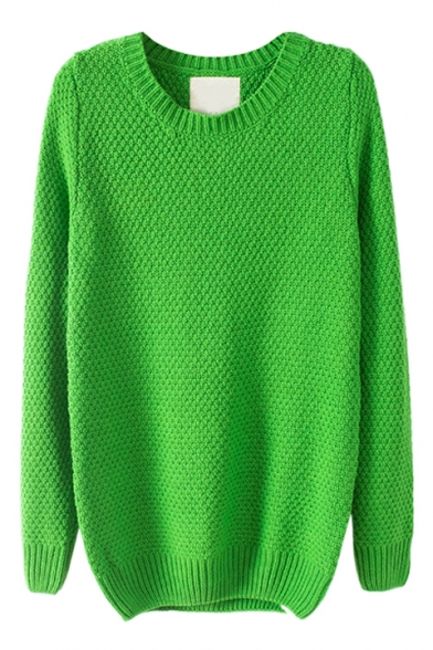 Plain Long Sleeve Sweater with Round Neckline and Sheath Hem