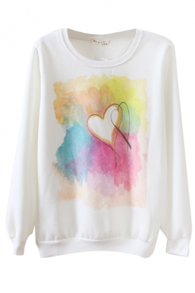 Round Neck Water Color Heart Print Long Sleeve Sweatshirt ...