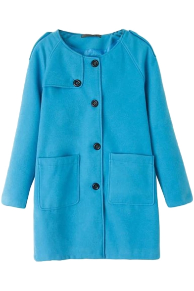 Sky Blue Plain Round Neck Single-Breast Pockets Midi Woolen Coat