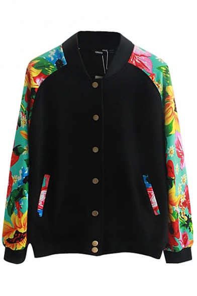 Stand Collar Single-Breasted Floral Print Raglan Sleeve Jacket