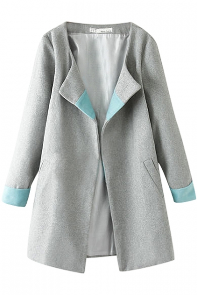 V-Neck Open Front Tunic Woolen Coat with Contrast Cuff