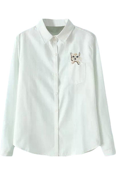 White Background Cat Embroidered Long Sleeve Shirt