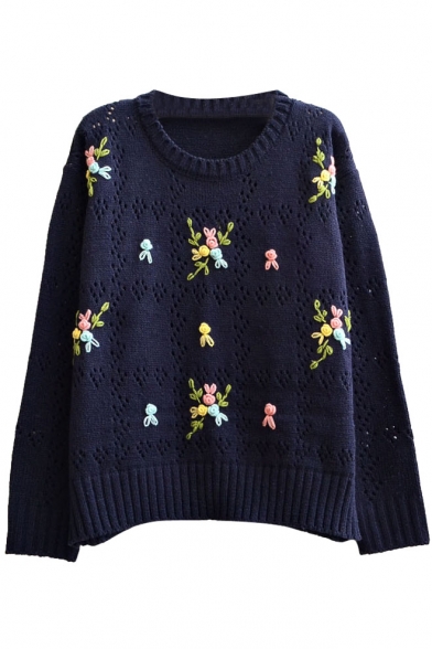 Embroidered Floral Pattern Round Neck Long Sleeve Cutout Sweater