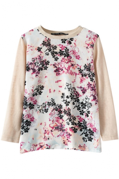 Floral Plant Print Round Neck Long Sleeve Sweater