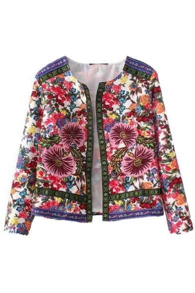 Floral Print Long Sleeve Open Front Coat with Jacquard Trims