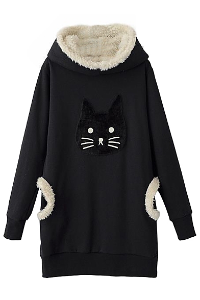 Kitty Head Pattern Fleece Tunic Hooded Pullover with Double Pocket ...