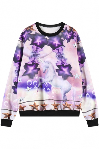 Purple Dreamy Background Unicorn Print Round Neck Long Sleeve Sweatshirt