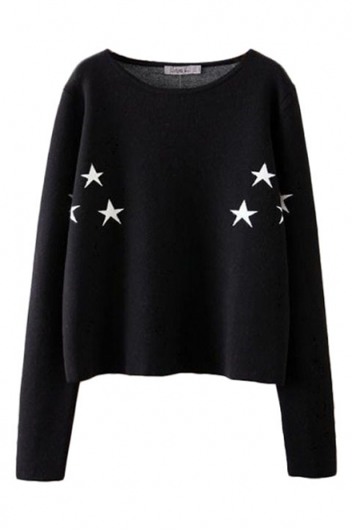 Star Pattern Long Sleeve Black Sweater with Round Neckline