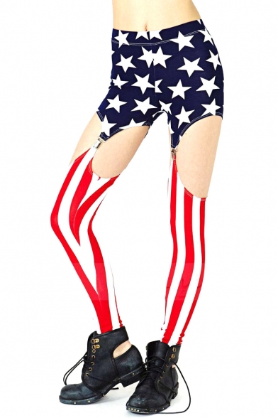 The Stars and Stripes Print Stretch Full Length Leggings with Knee Cutout